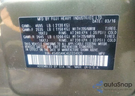 2016 Subaru Outback 2.5I Limited z USA, uszkodzony, nr VIN 4S4BSANC4G3324925